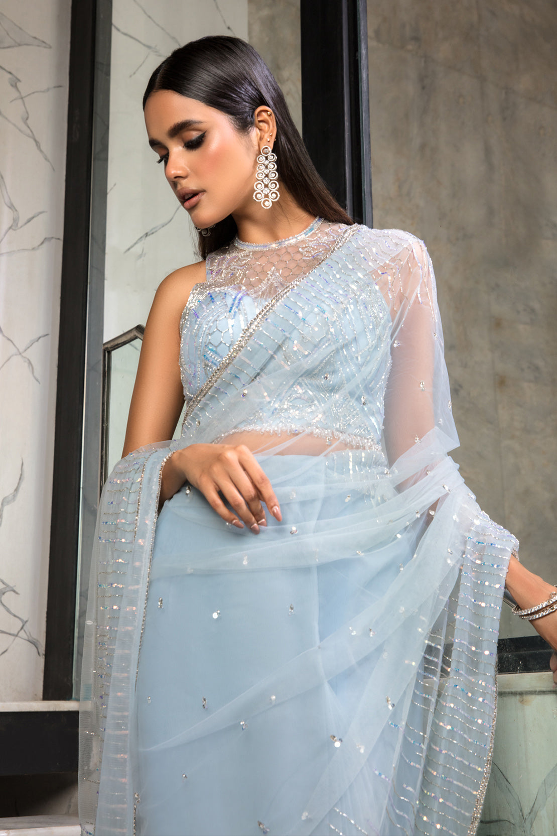 Powder Blue Swarovski Embellished Net Saree (2-Piece) - Image 3