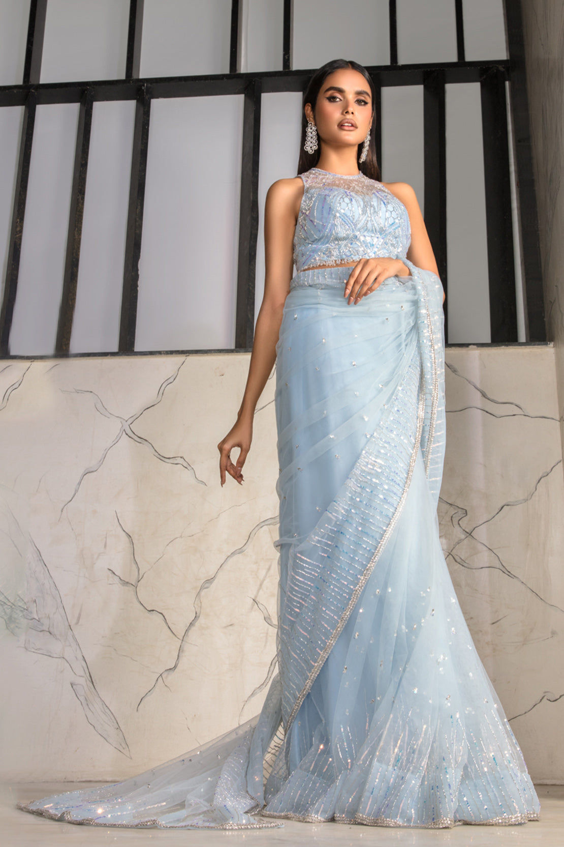 Powder Blue Swarovski Embellished Net Saree (2-Piece) - Image 5