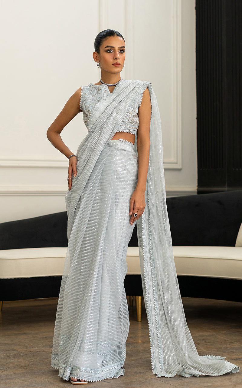 Ice Blue Embroidered Net Saree (2-Piece) - Image 1