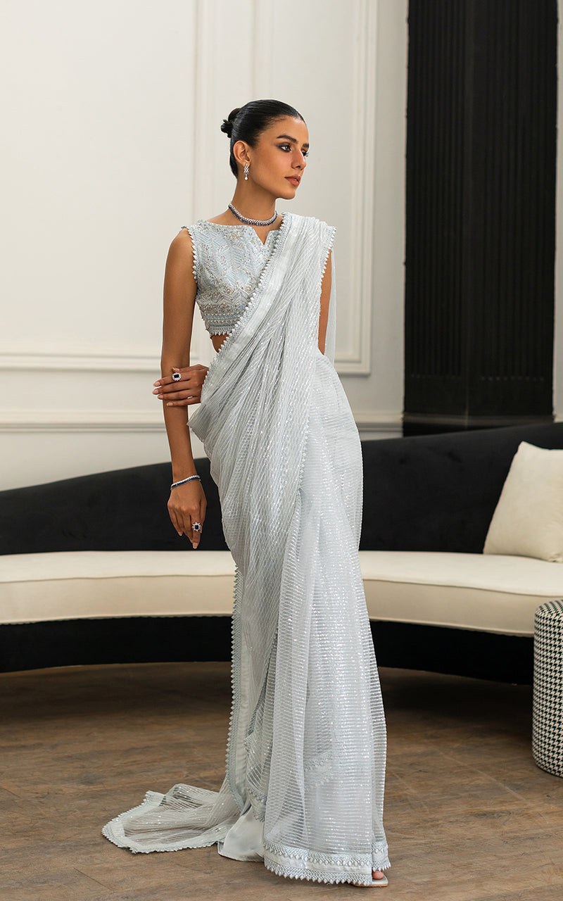 Ice Blue Embroidered Net Saree (2-Piece) - Image 4