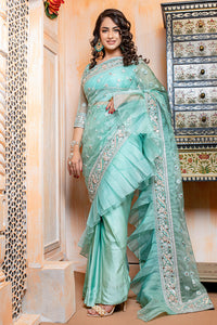 Aqua Embroidered Organza Saree (2-Piece) - Image 2