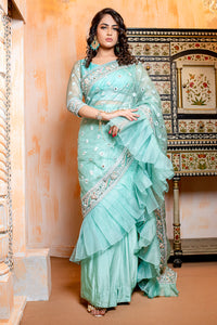 Aqua Embroidered Organza Saree (2-Piece) - Image 3
