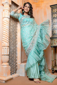 Aqua Embroidered Organza Saree (2-Piece) - Image 4
