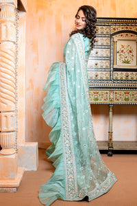 Aqua Embroidered Organza Saree (2-Piece) - Image 5