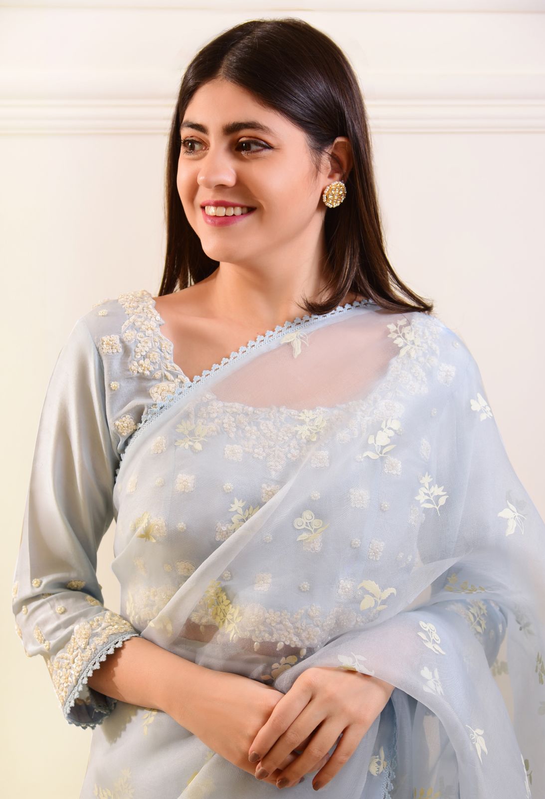 Pakistani Pastel Blue Embroidered Organza Saree (2-Piece) - Image 1