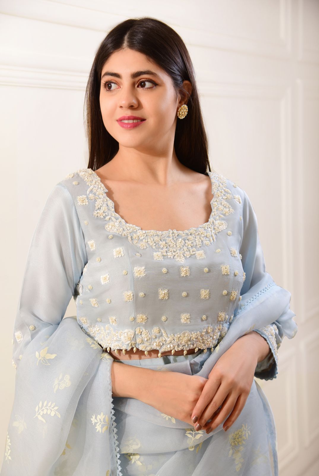 Pakistani Pastel Blue Embroidered Organza Saree (2-Piece) - Image 3