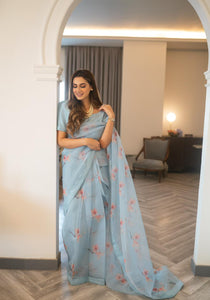 Ice Blue Floral Printed Organza Silk Saree (3-Piece) - Image 1