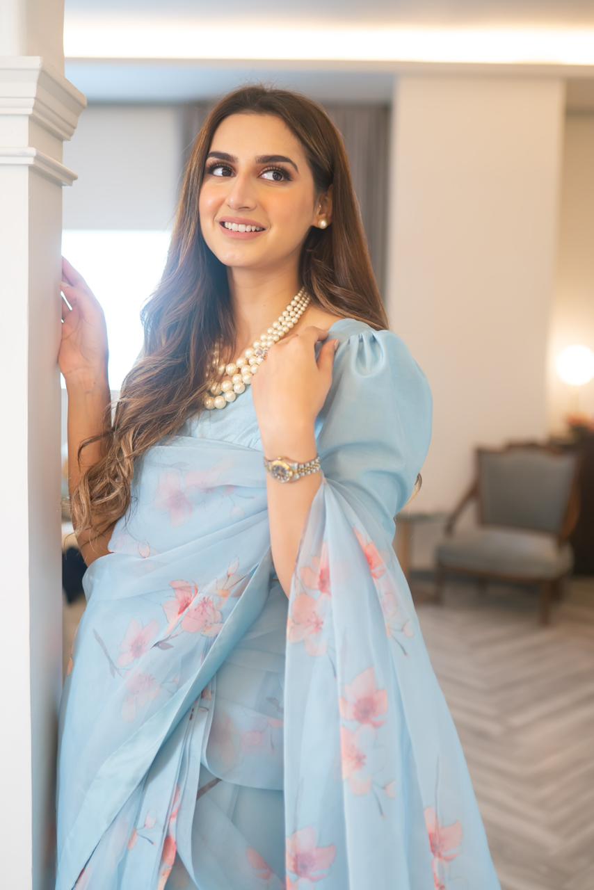 Ice Blue Floral Printed Organza Silk Saree (3-Piece) - Image 2