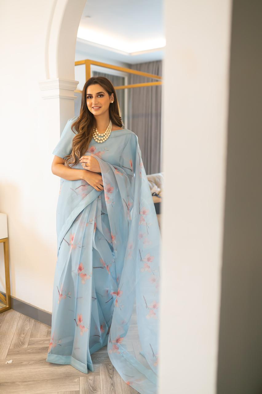 Ice Blue Floral Printed Organza Silk Saree (3-Piece) - Image 3