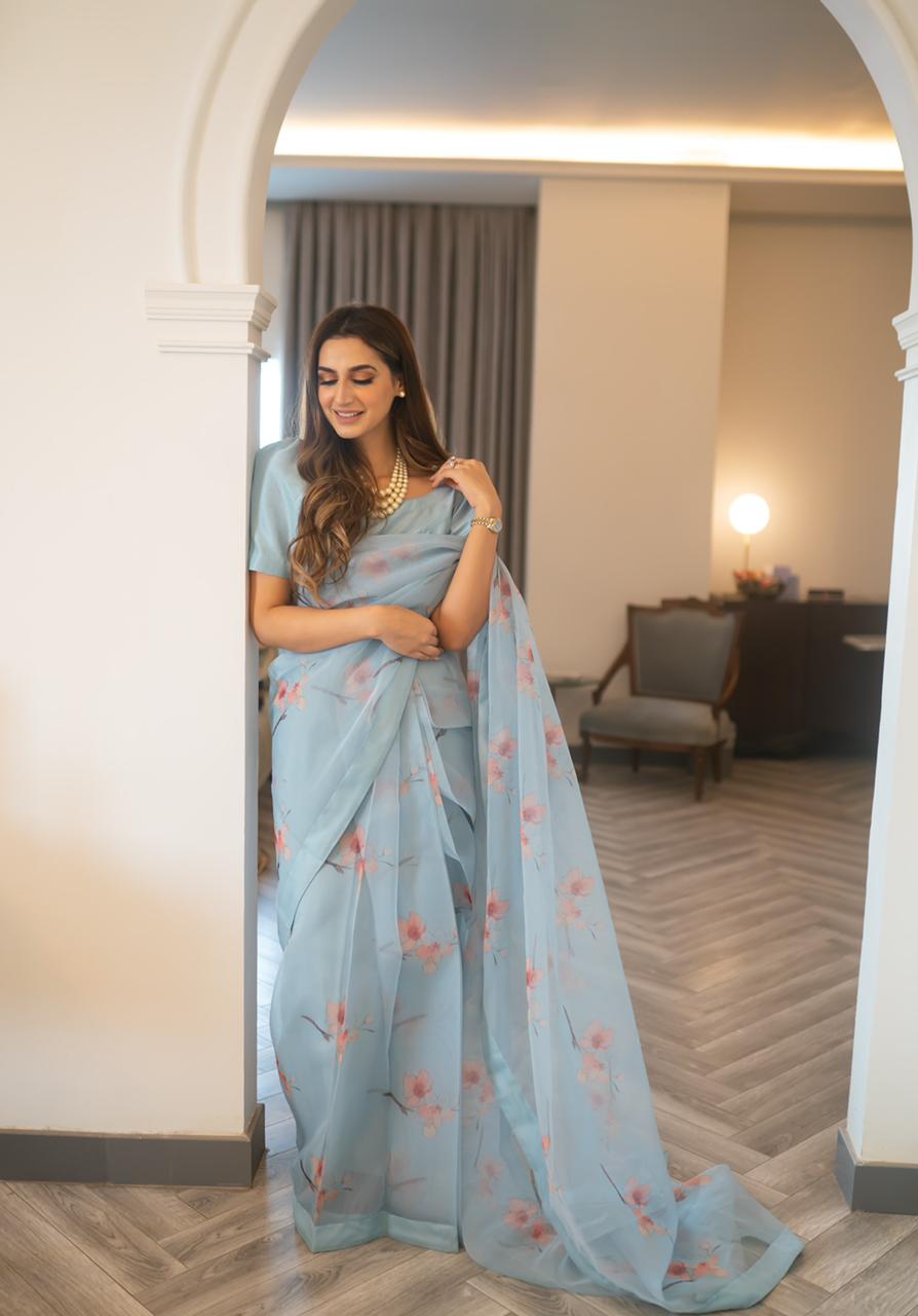 Ice Blue Floral Printed Organza Silk Saree (3-Piece) - Image 4