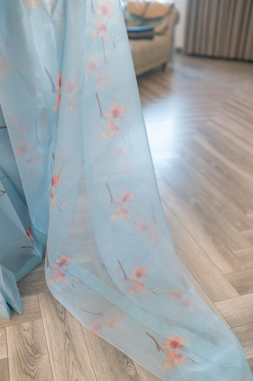 Ice Blue Floral Printed Organza Silk Saree (3-Piece) - Image 5