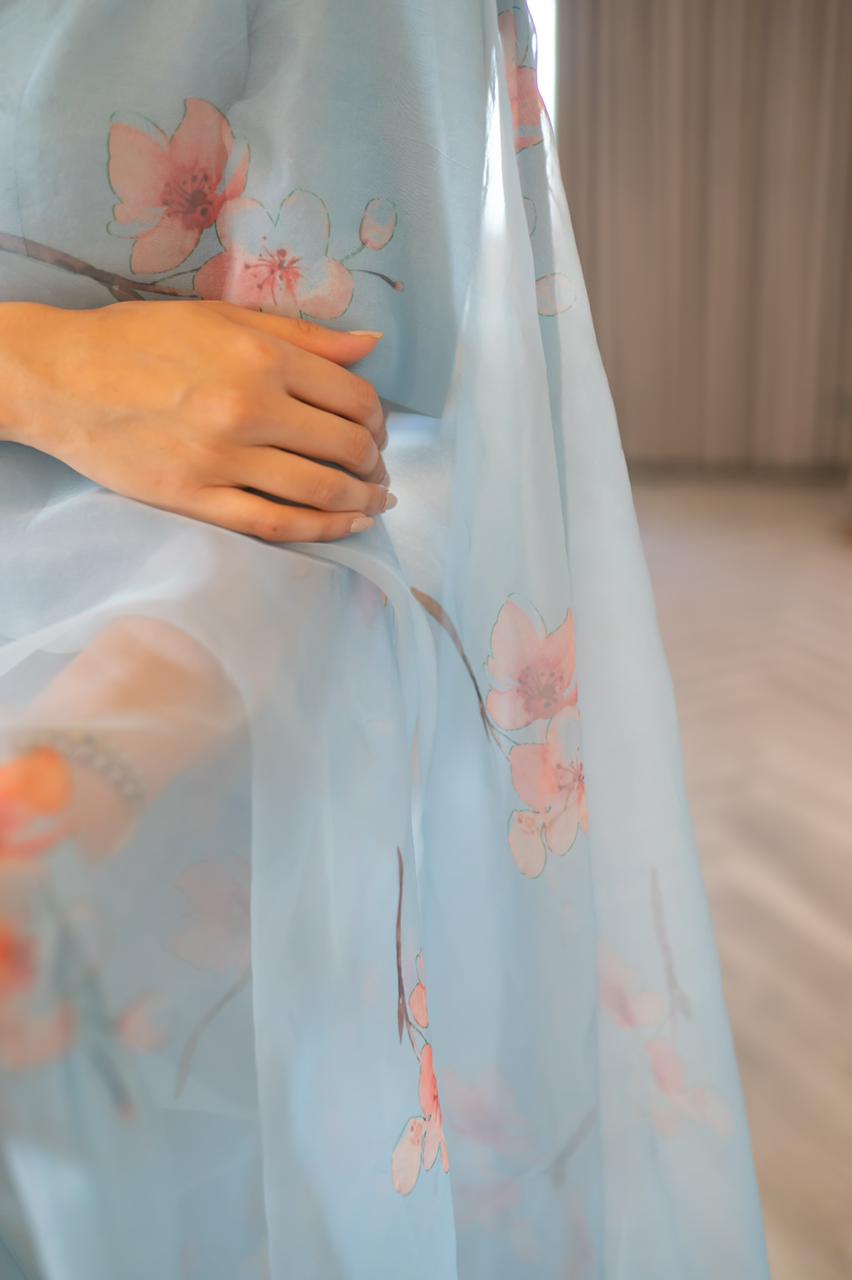 Ice Blue Floral Printed Organza Silk Saree (3-Piece) - Image 6