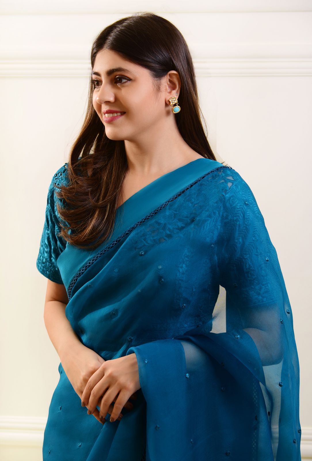 Pakistani Teal Blue Embroidered Organza Saree (2-Piece) - Image 1