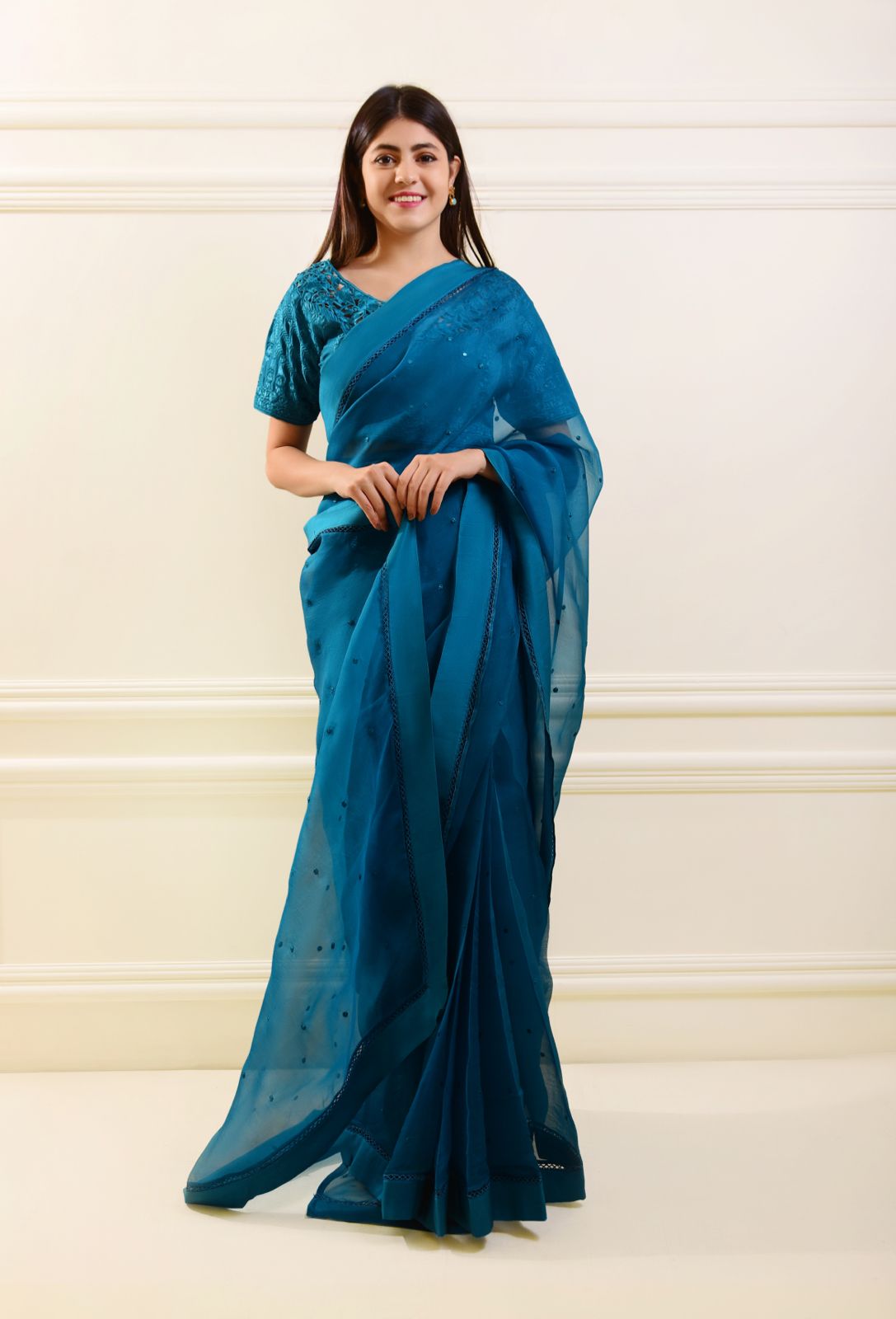Pakistani Teal Blue Embroidered Organza Saree (2-Piece) - Image 4