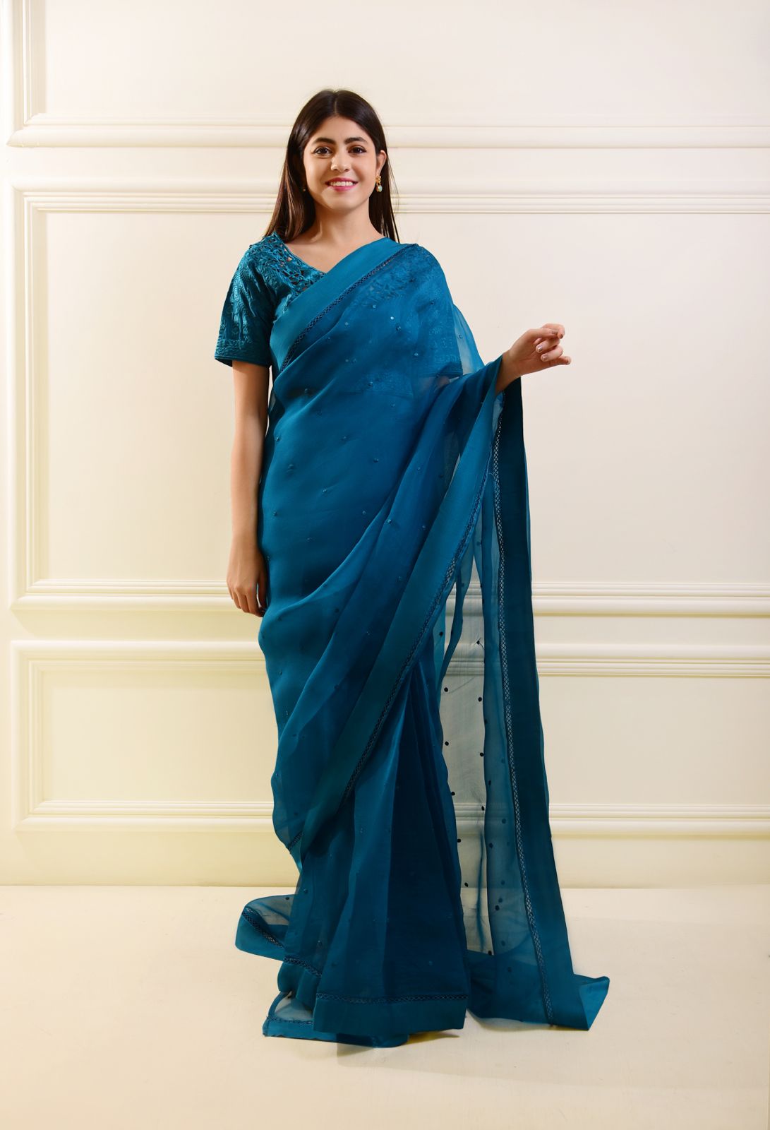 Pakistani Teal Blue Embroidered Organza Saree (2-Piece) - Image 6