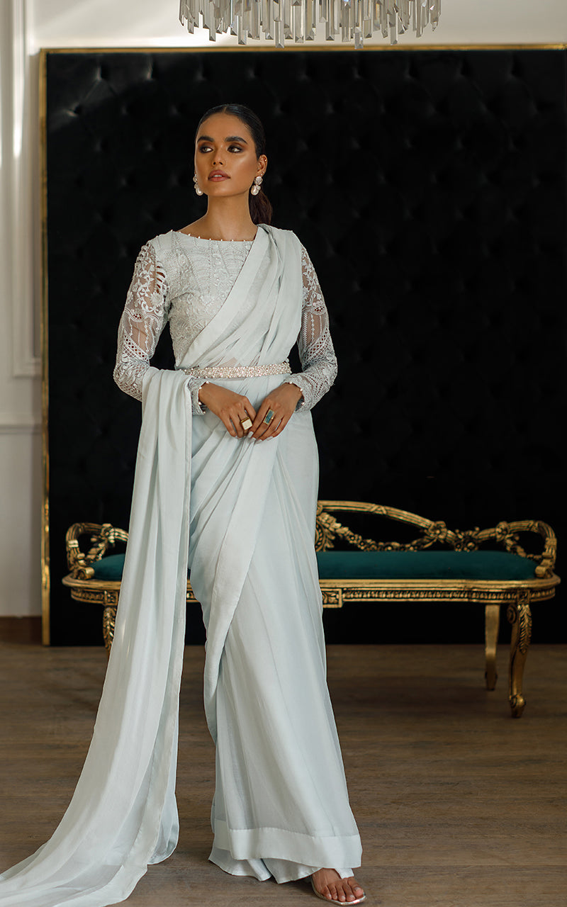 Pakistani Light Blue Embroidered Organza Saree Set (2-Piece) - Image 1
