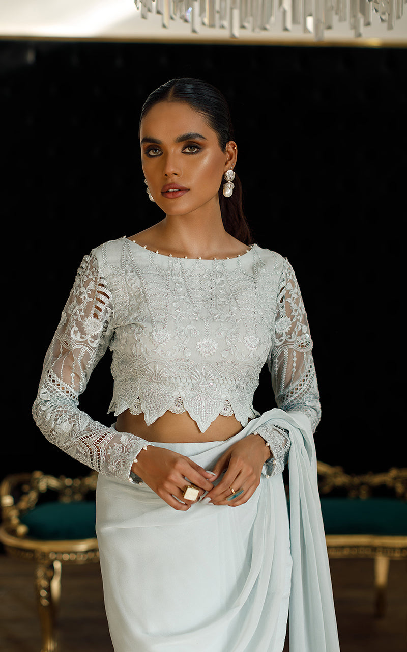 Pakistani Light Blue Embroidered Organza Saree Set (2-Piece) - Image 3