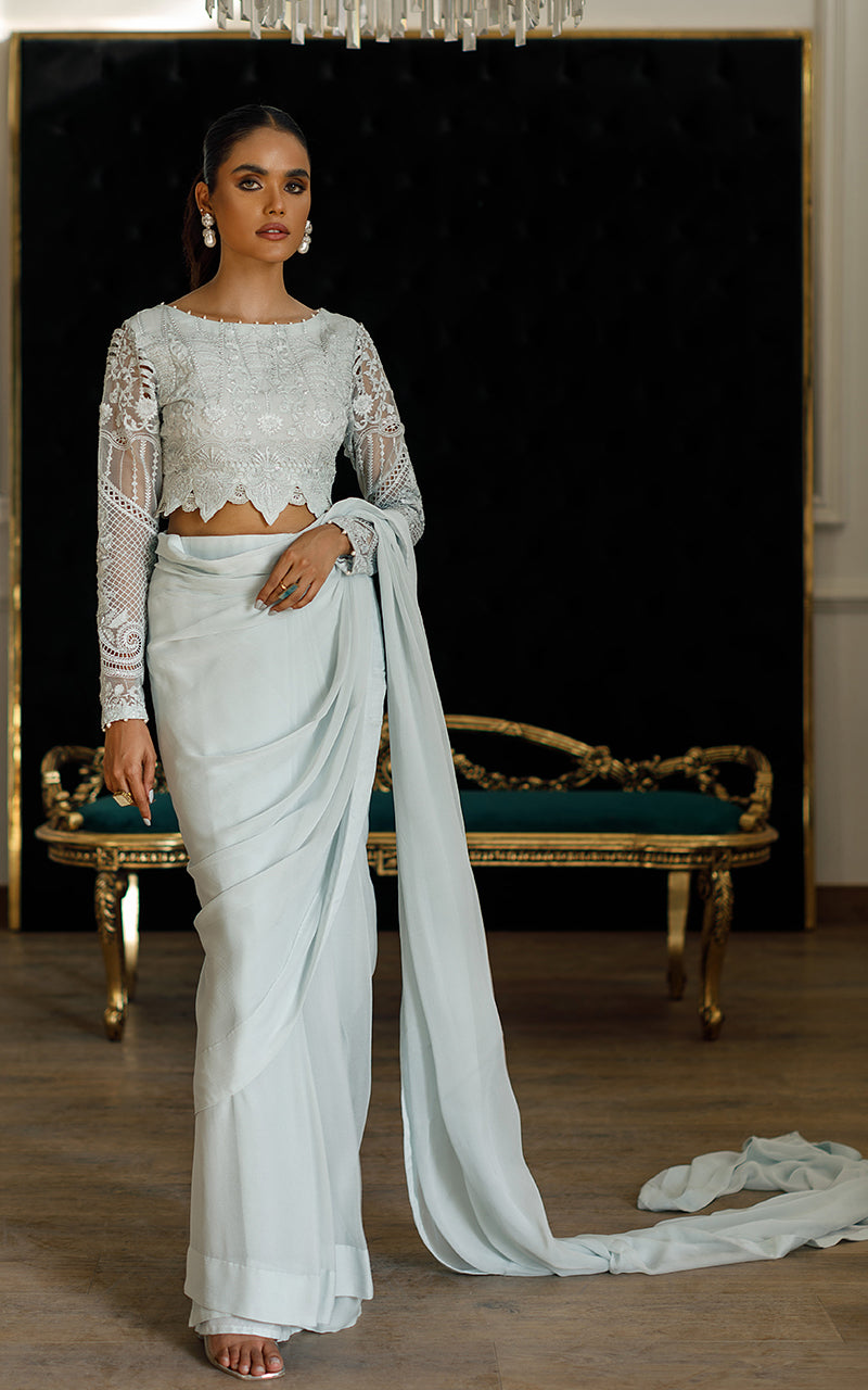 Pakistani Light Blue Embroidered Organza Saree Set (2-Piece) - Image 5