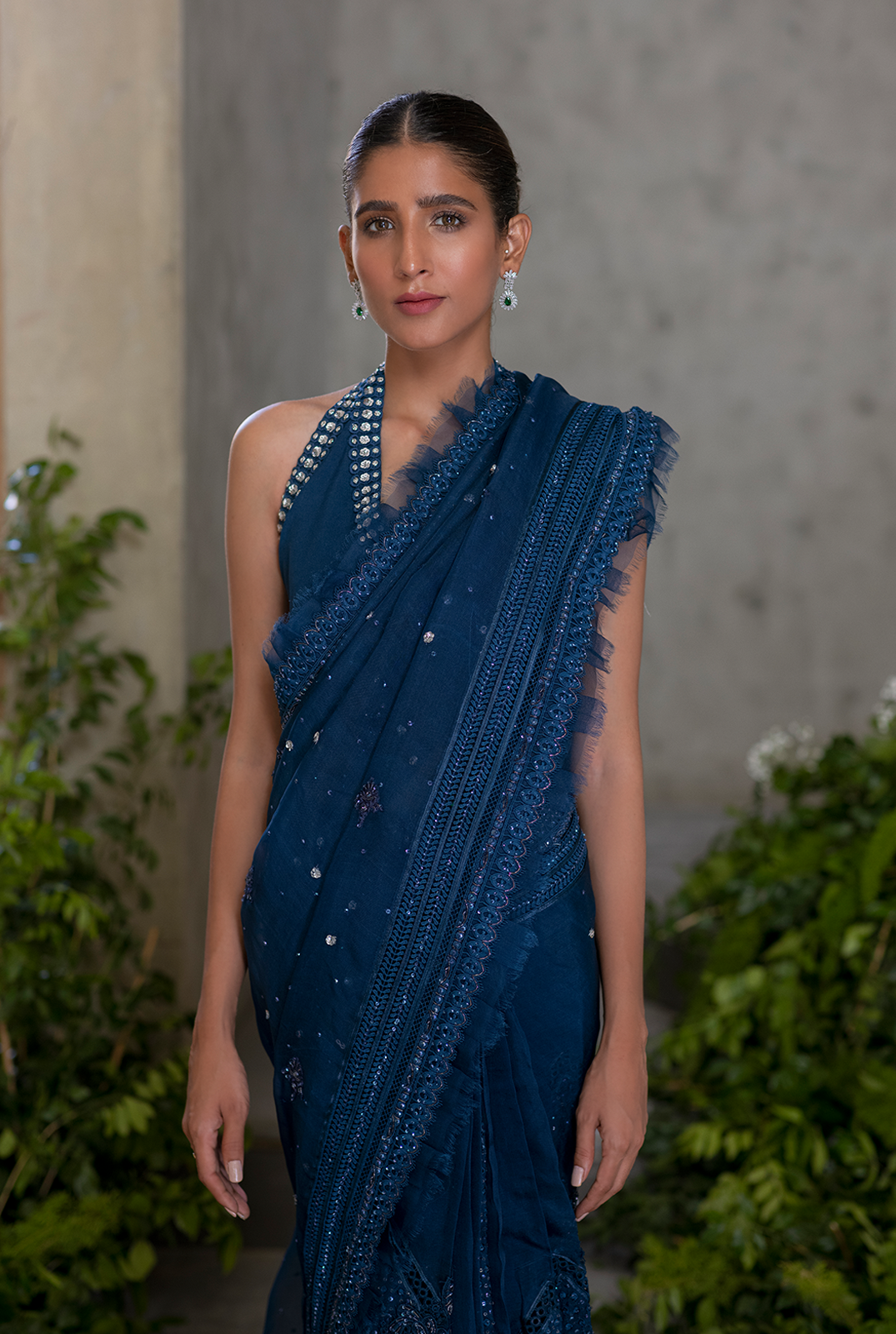 Pakistani Royal Blue Zardozi Organza Saree (2-Piece) - Image 2