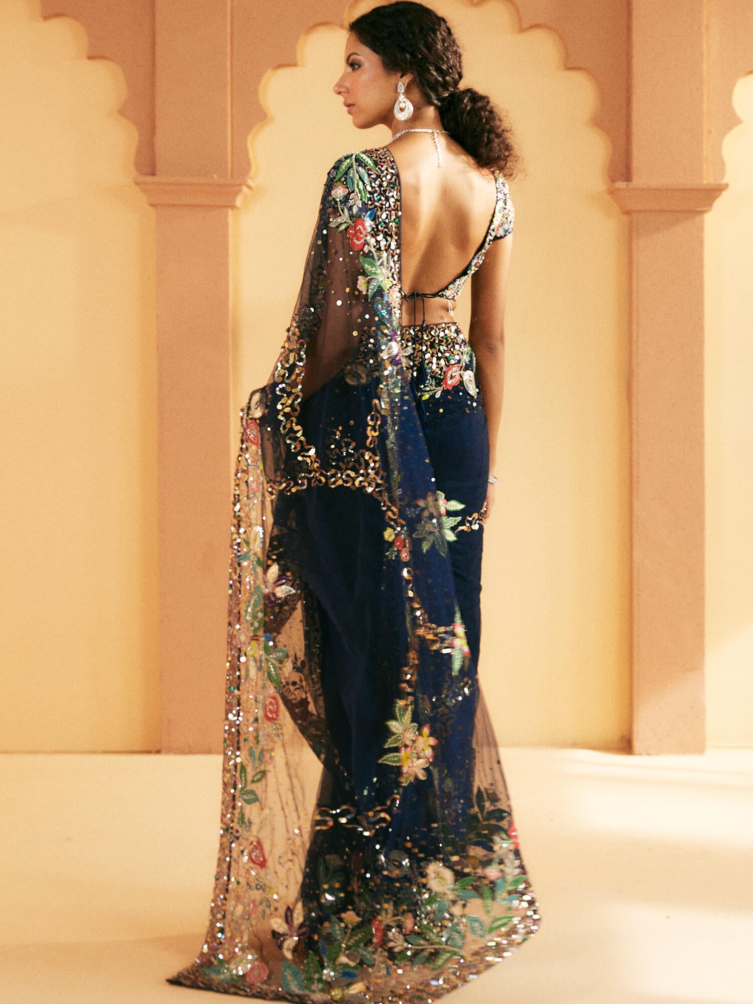 Indian Midnight Blue Embroidered Raw Silk Saree (2-Piece) - Image 3