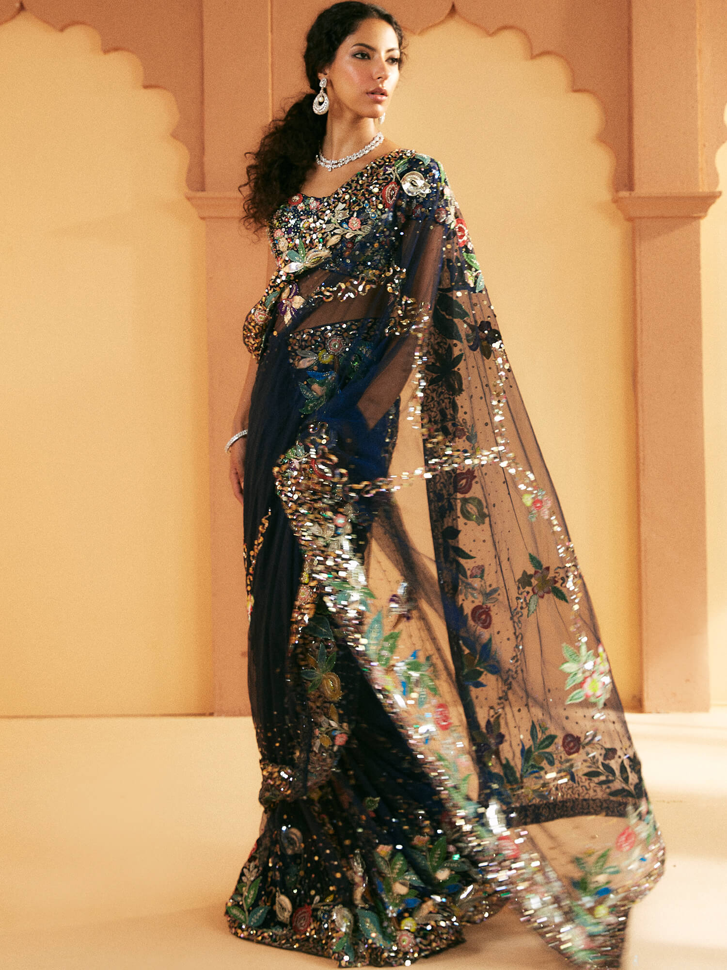 Indian Midnight Blue Embroidered Raw Silk Saree (2-Piece) - Image 4