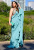 Pakistani Ice Blue Embroidered Raw Silk Ruffle Saree (3-Piece) - Image 3