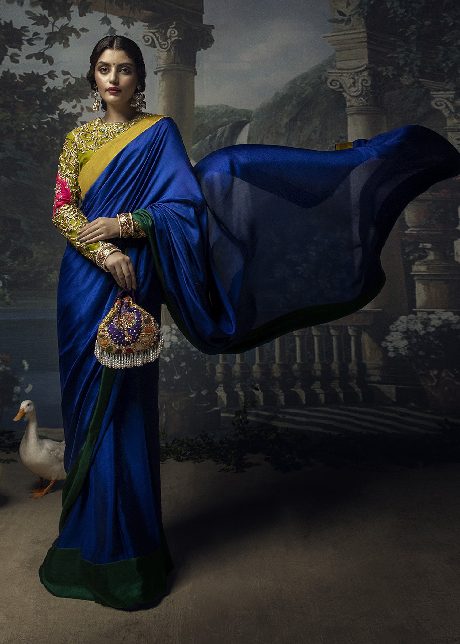 Electric Blue Embellished Raw Silk Saree (3-Piece) - Image 1