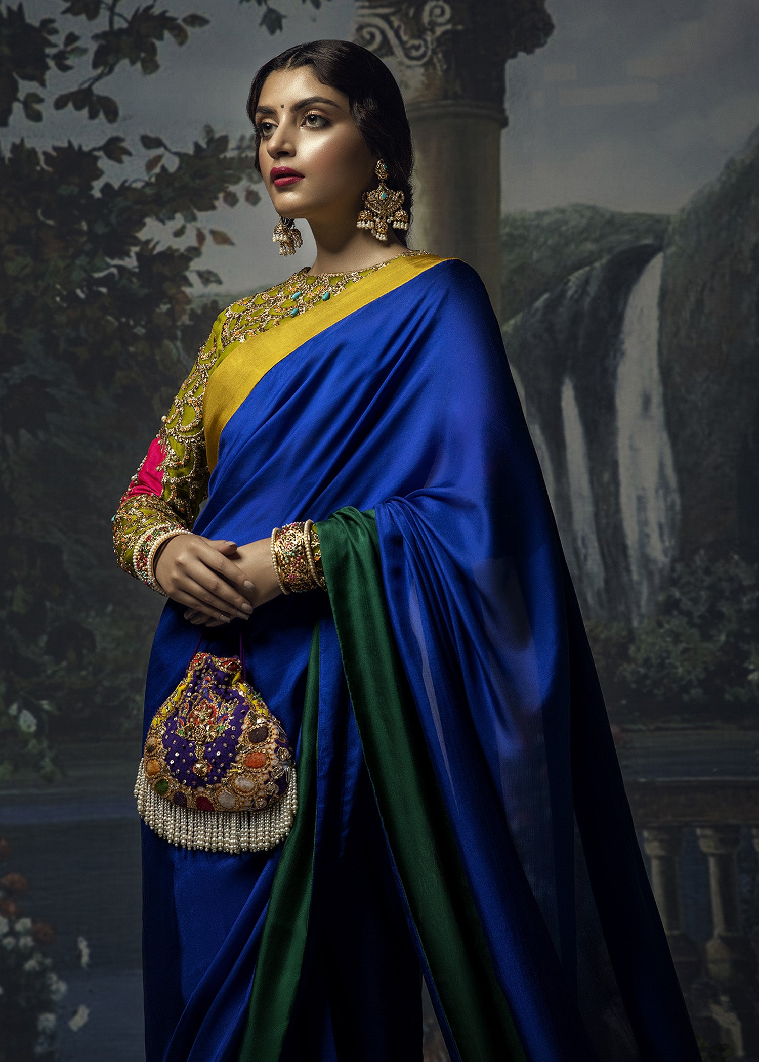 Electric Blue Scalloped Lorex Raw Silk Saree (3-Piece) - Image 2
