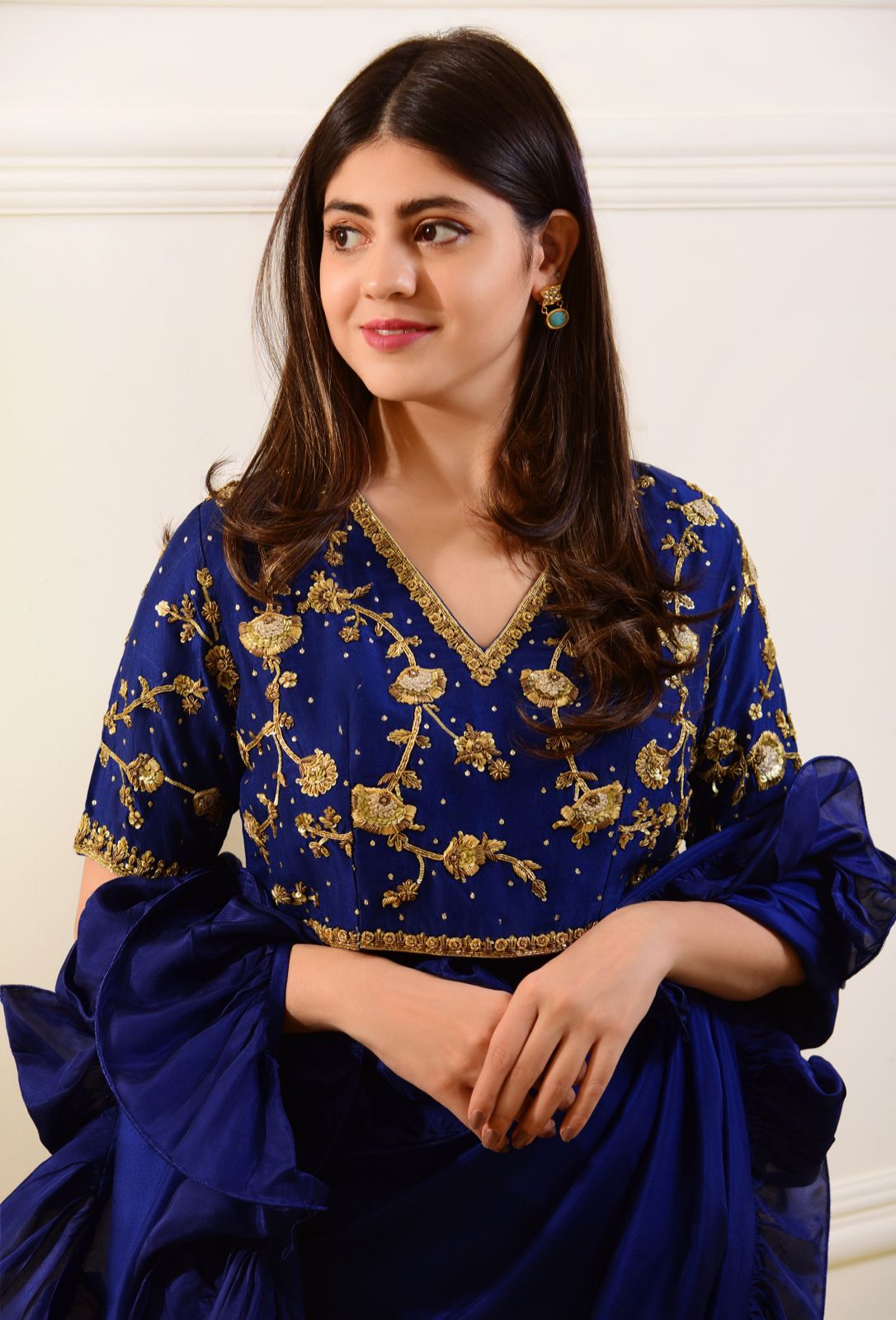 Pakistani Midnight Blue Zardozi Pure Silk Saree (2-Piece) - Image 1