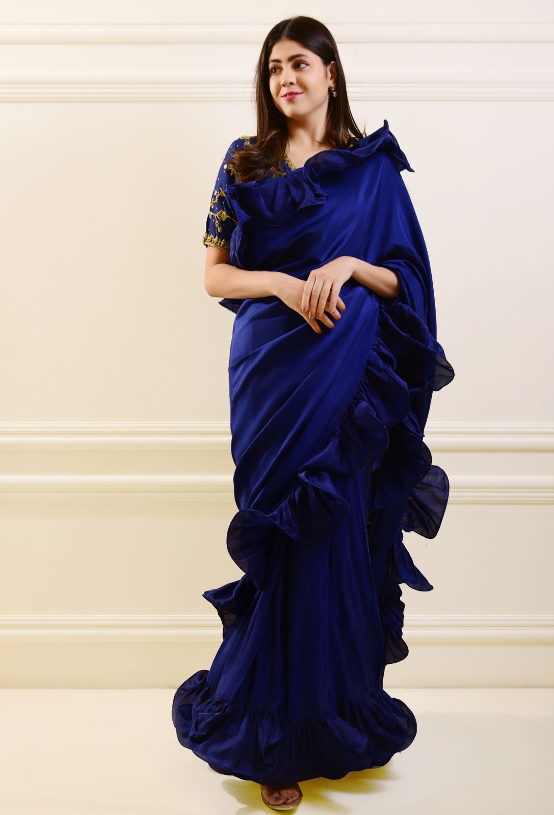 Pakistani Midnight Blue Zardozi Pure Silk Saree (2-Piece) - Image 2