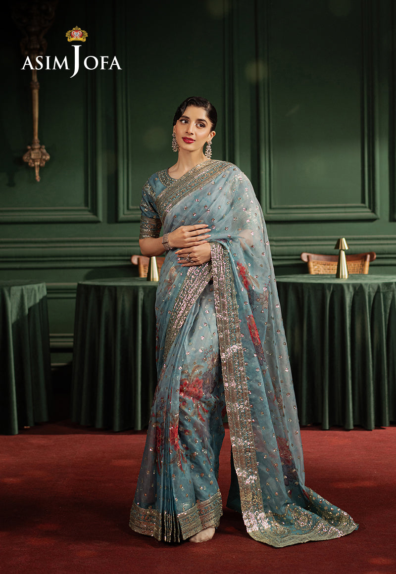 Pakistani Turquoise Blue Embroidered Silk Saree (2-Piece) - Image 1