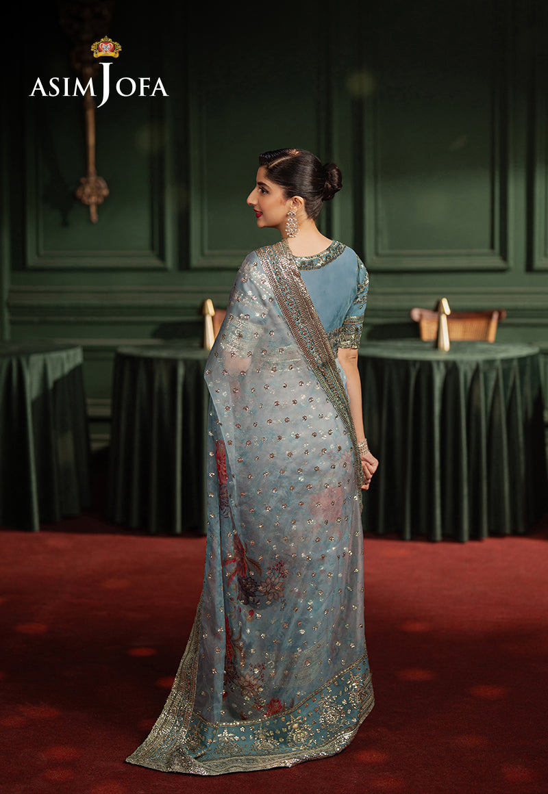 Pakistani Turquoise Blue Embroidered Silk Saree (2-Piece) - Image 2