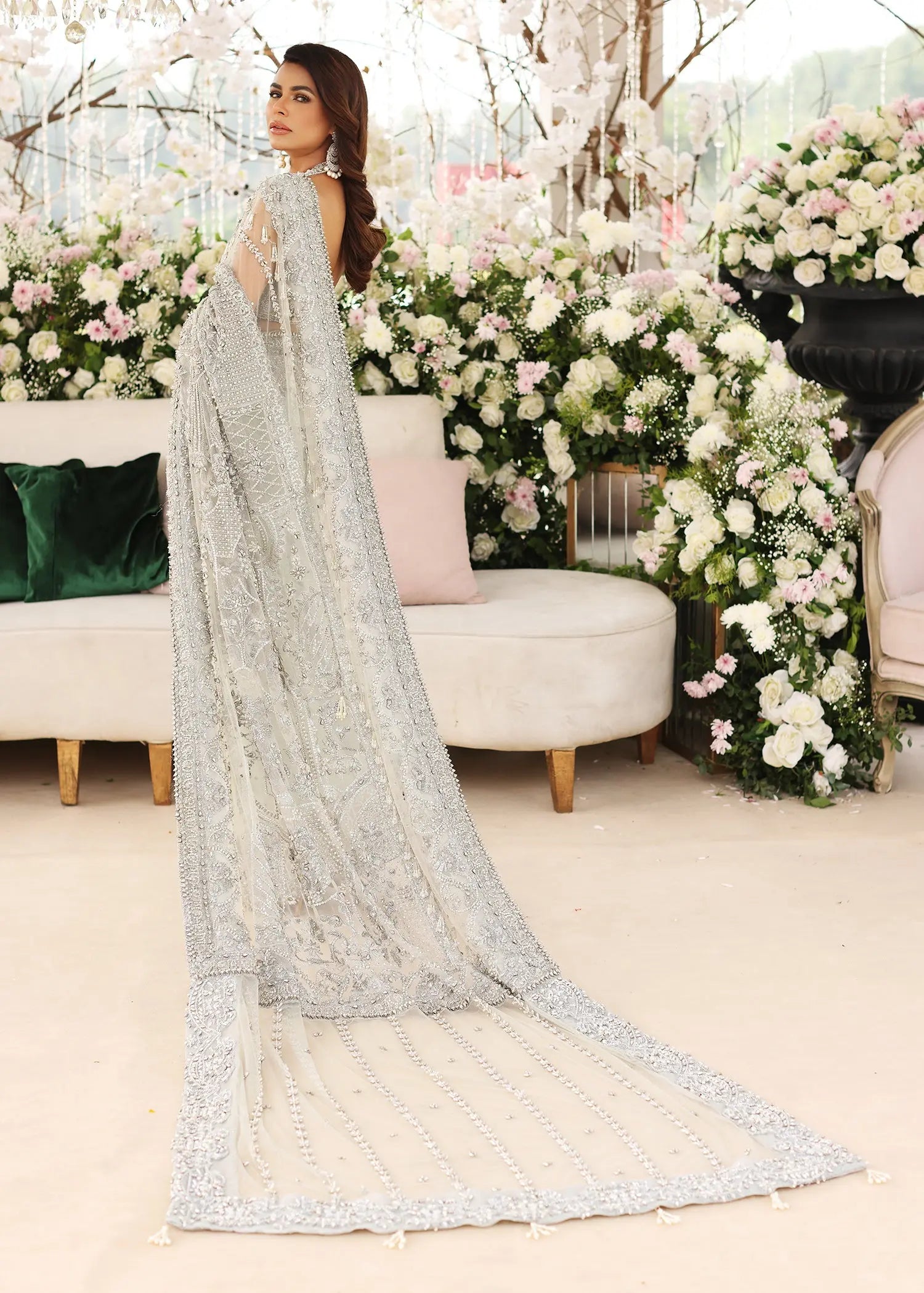 Ice Blue Embellished Tissue & Net Saree (2-Piece) - Image 2