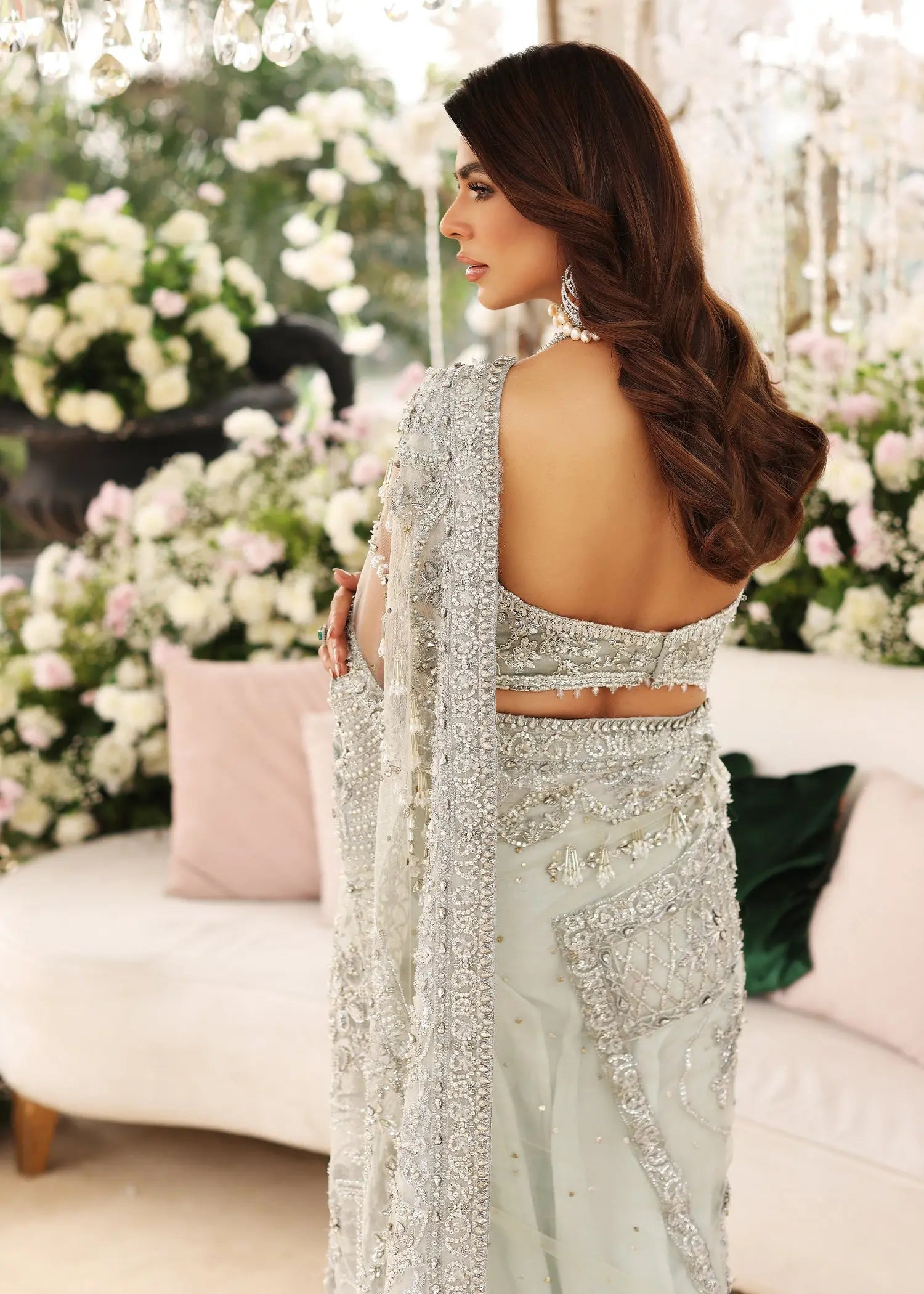 Ice Blue Embellished Tissue & Net Saree (2-Piece) - Image 4