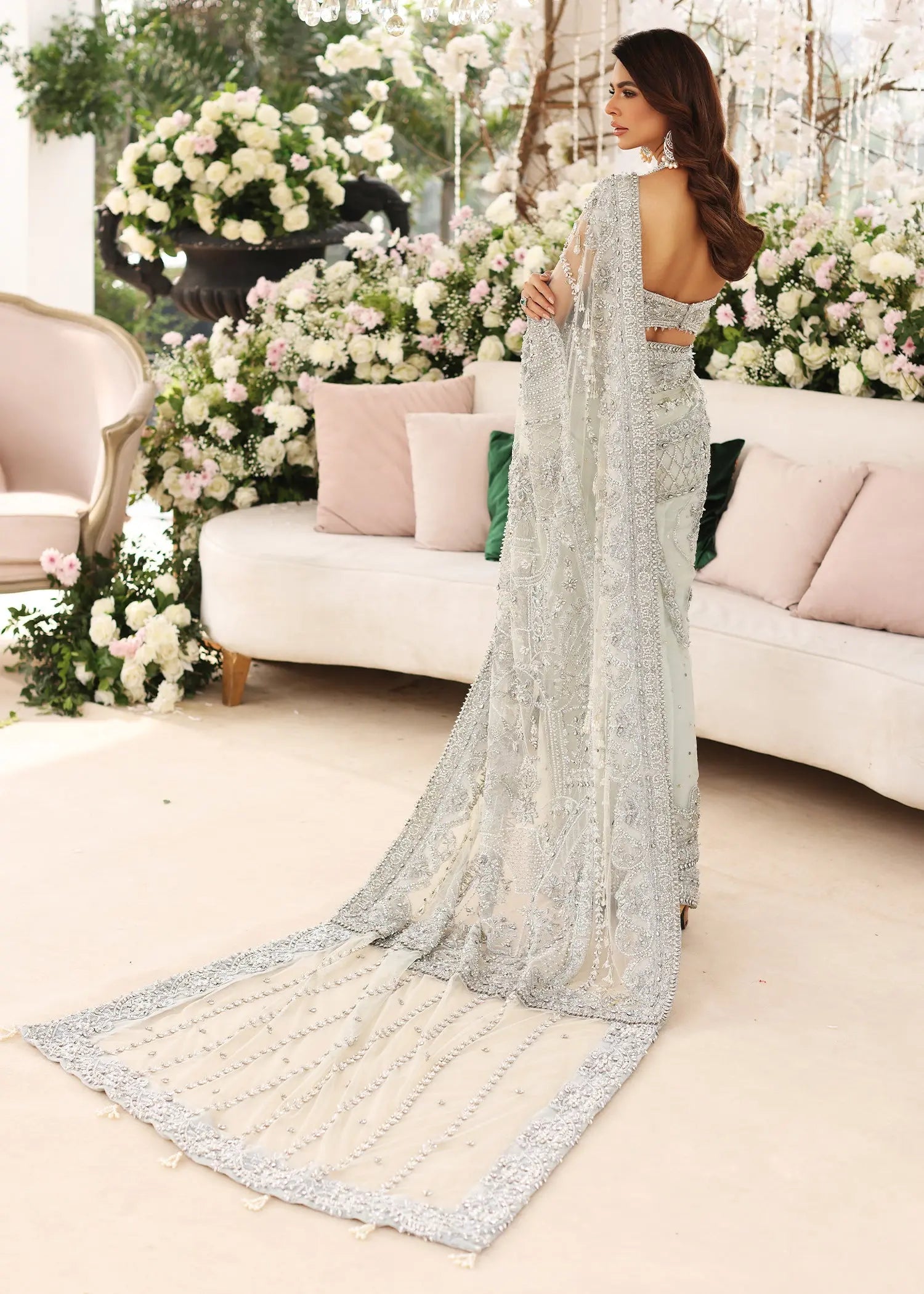 Ice Blue Embellished Tissue & Net Saree (2-Piece) - Image 7