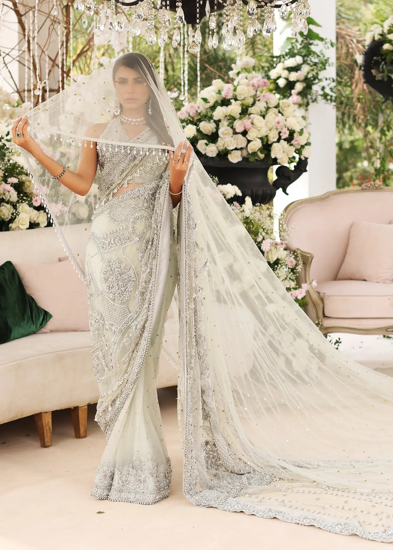 Ice Blue Embellished Tissue & Net Saree (2-Piece) - Image 8