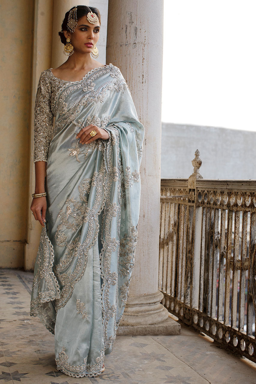 Powder Blue Cutwork Zardozi Tissue Saree (2-Piece) - Image 1