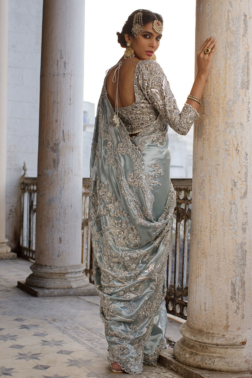 Powder Blue Cutwork Zardozi Tissue Saree (2-Piece) - Image 3