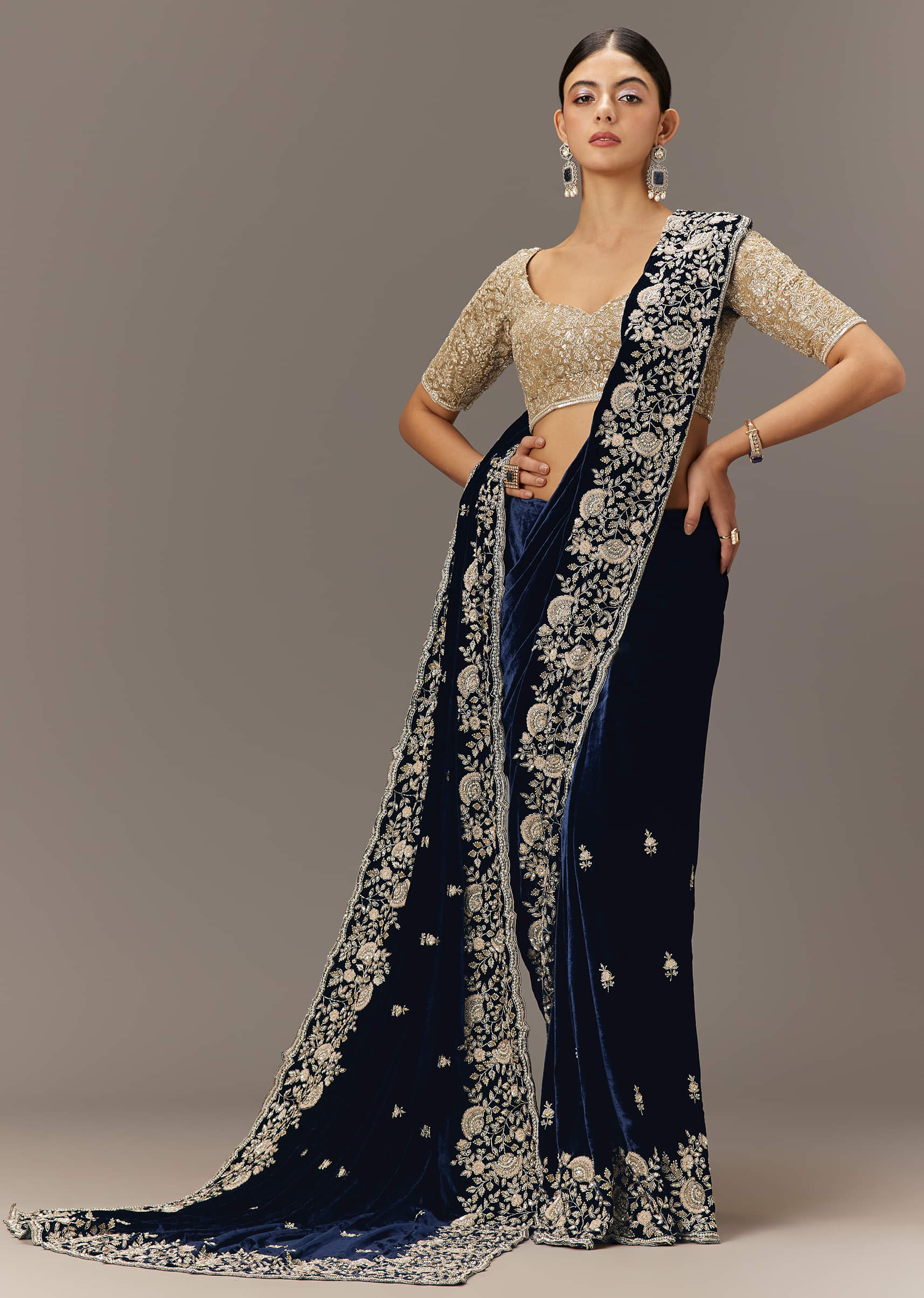 Indian Midnight Blue Embroidered Velvet Saree (2-Piece) - Image 2