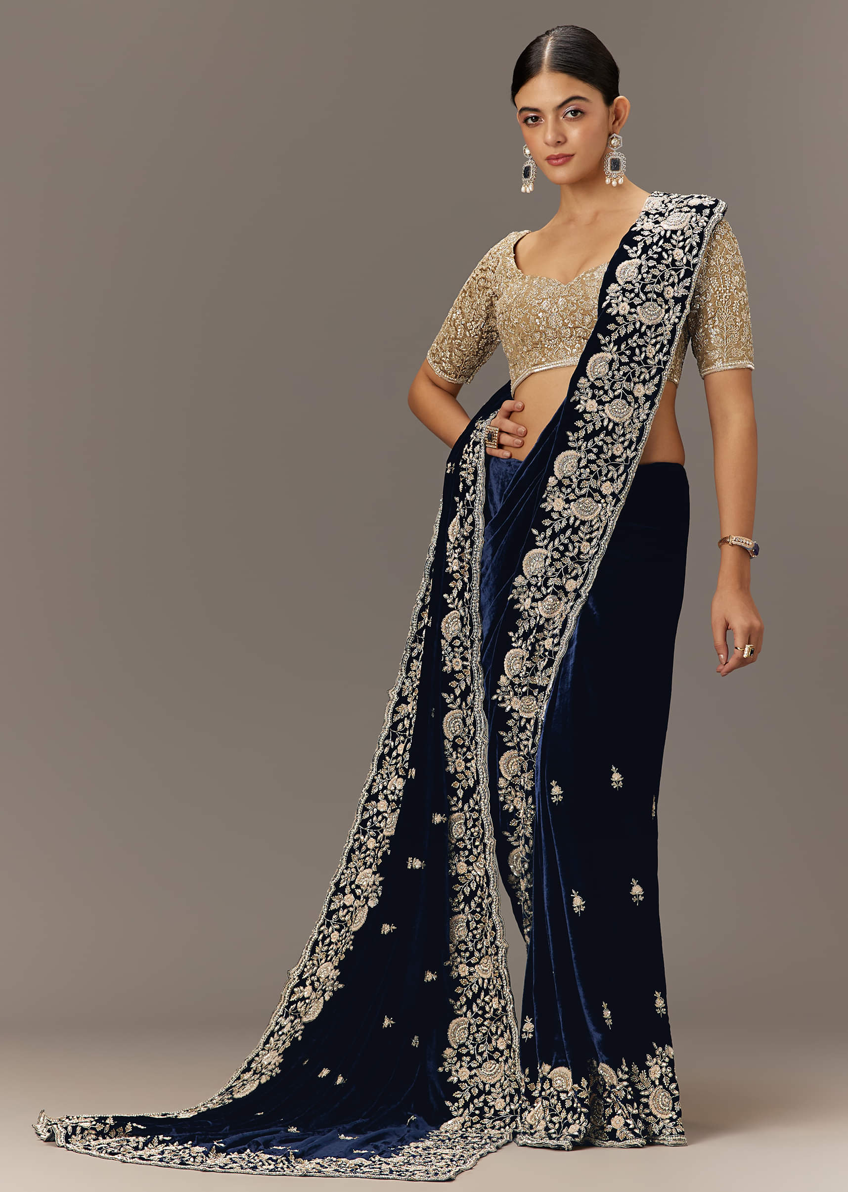 Indian Midnight Blue Embroidered Velvet Saree (2-Piece) - Image 3
