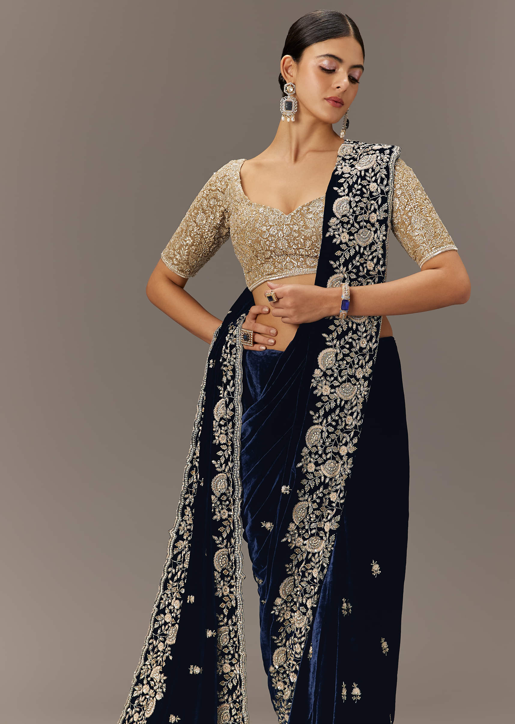Indian Midnight Blue Embroidered Velvet Saree (2-Piece) - Image 4