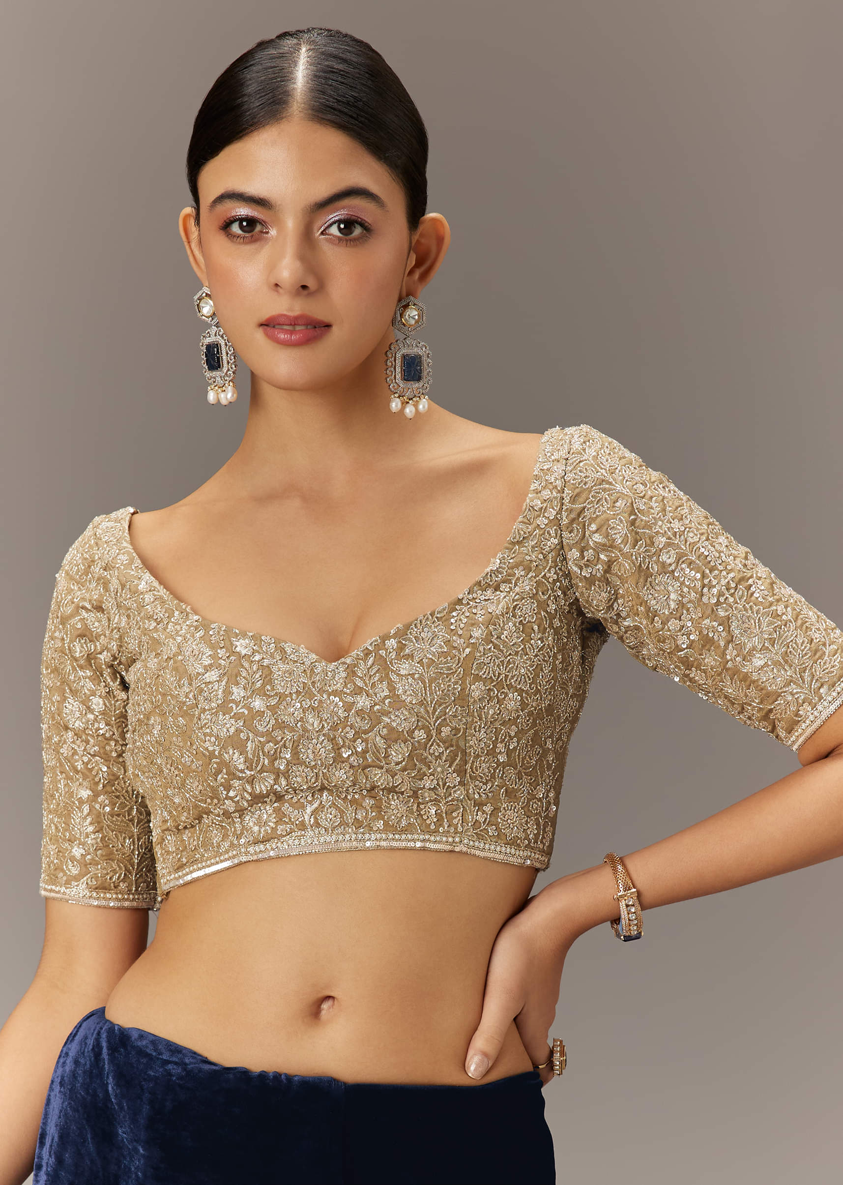 Indian Midnight Blue Embroidered Velvet Saree (2-Piece) - Image 6