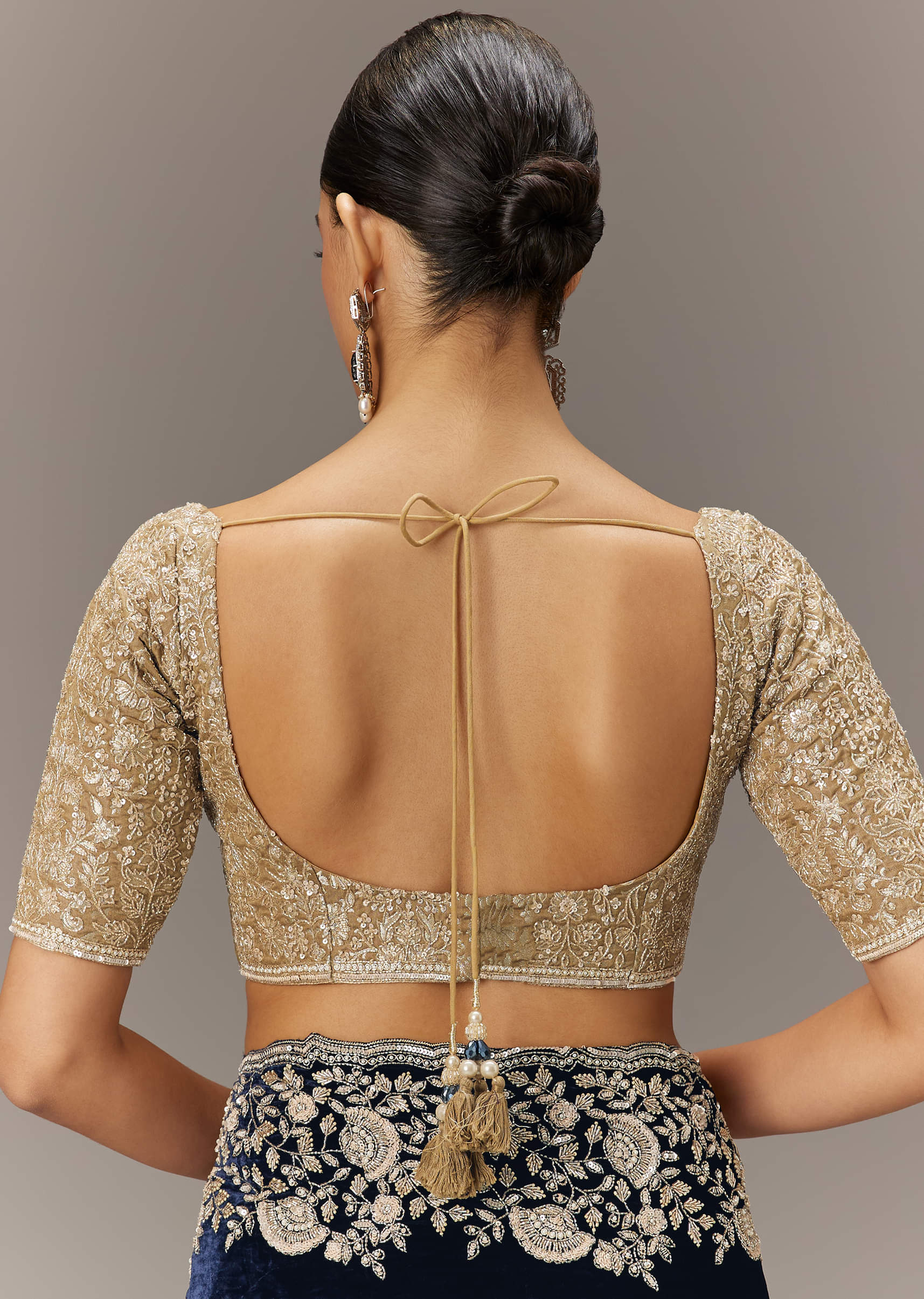 Indian Midnight Blue Embroidered Velvet Saree (2-Piece) - Image 7