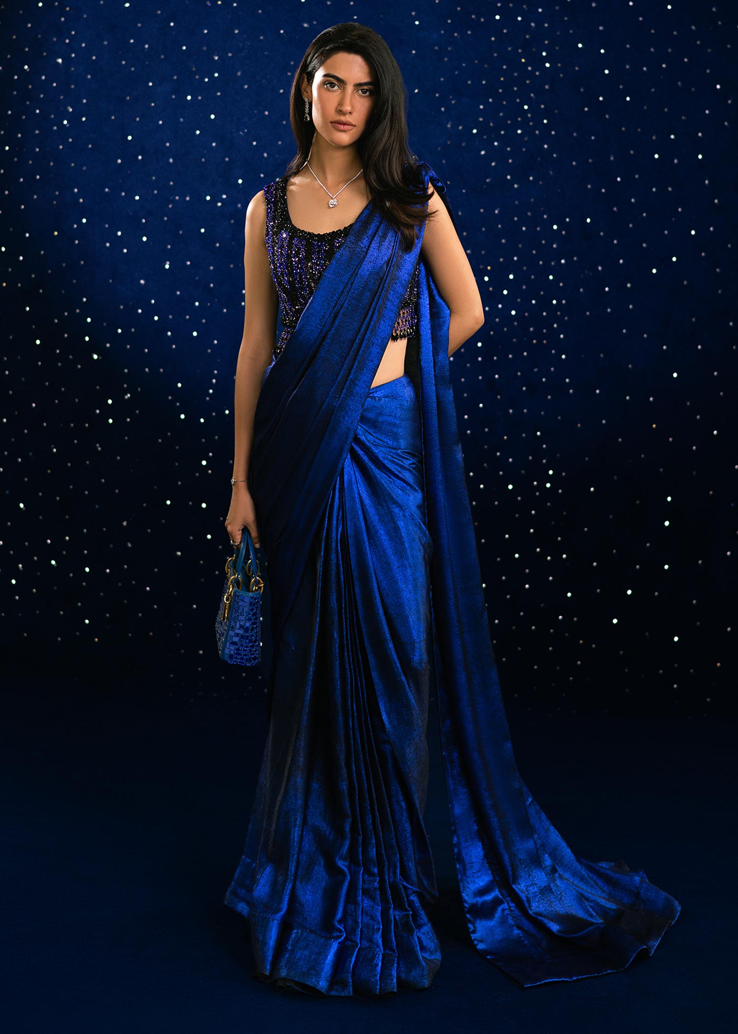 Pakistani Deep Blue Handworked Velvet Silk Saree (2-Piece) - Image 1