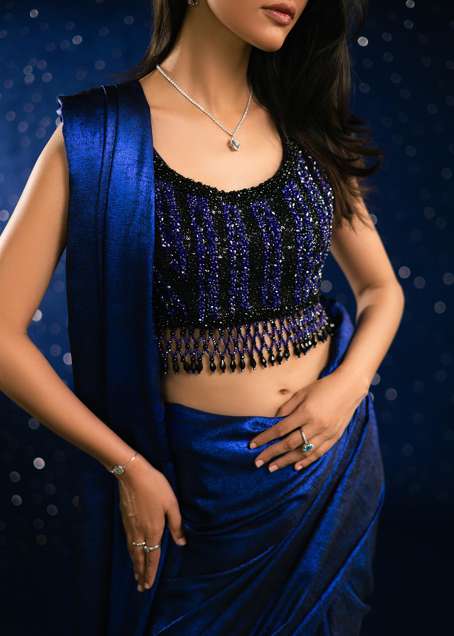 Pakistani Deep Blue Handworked Velvet Silk Saree (2-Piece) - Image 2