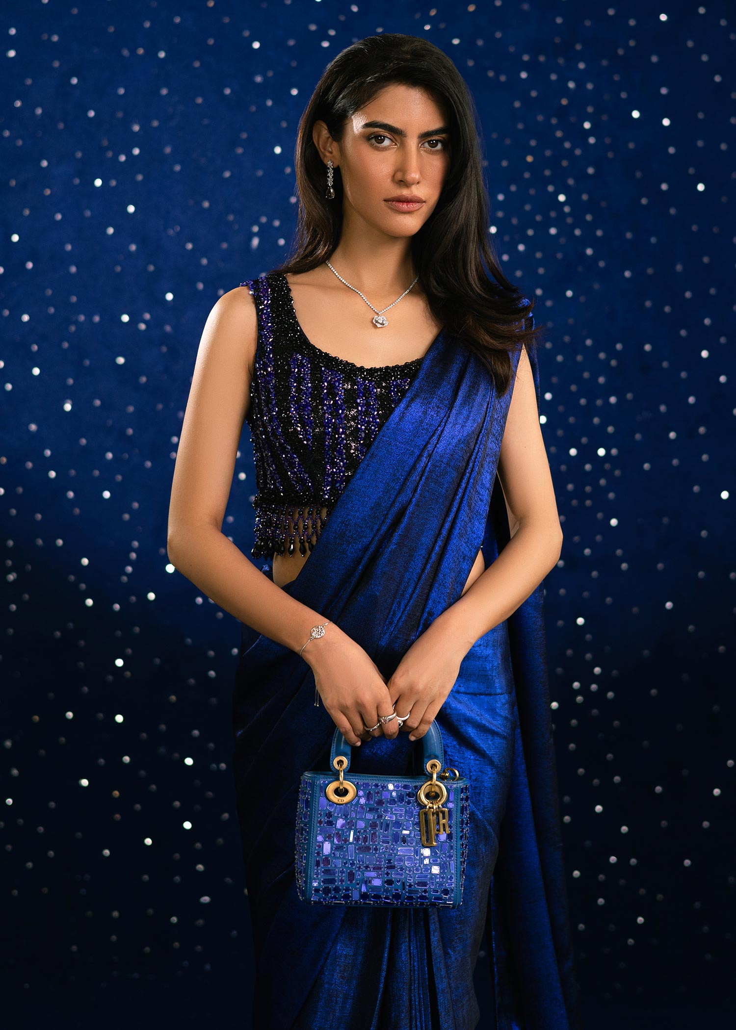 Pakistani Deep Blue Handworked Velvet Silk Saree (2-Piece) - Image 3