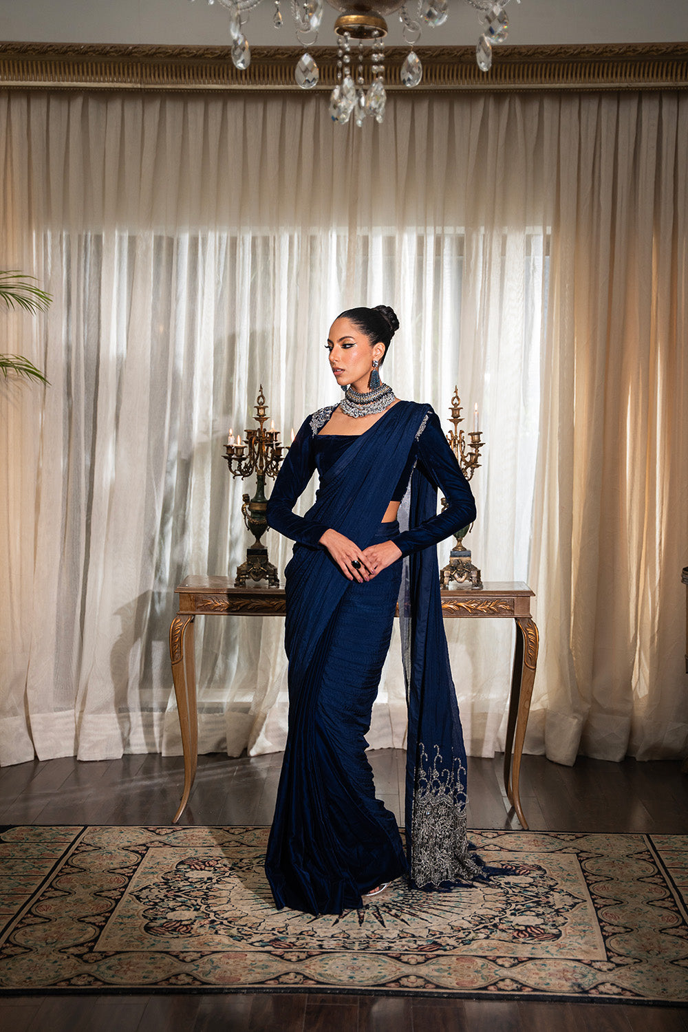 Pakistani Midnight Blue Tilla-Embroidered Velvet Saree (2-Piece) - Image 1