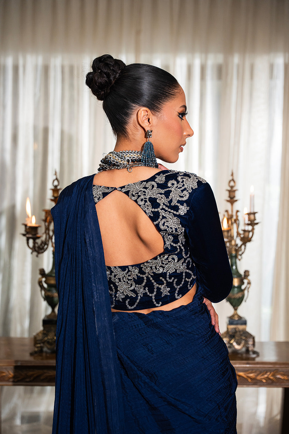 Pakistani Midnight Blue Tilla-Embroidered Velvet Saree (2-Piece) - Image 6