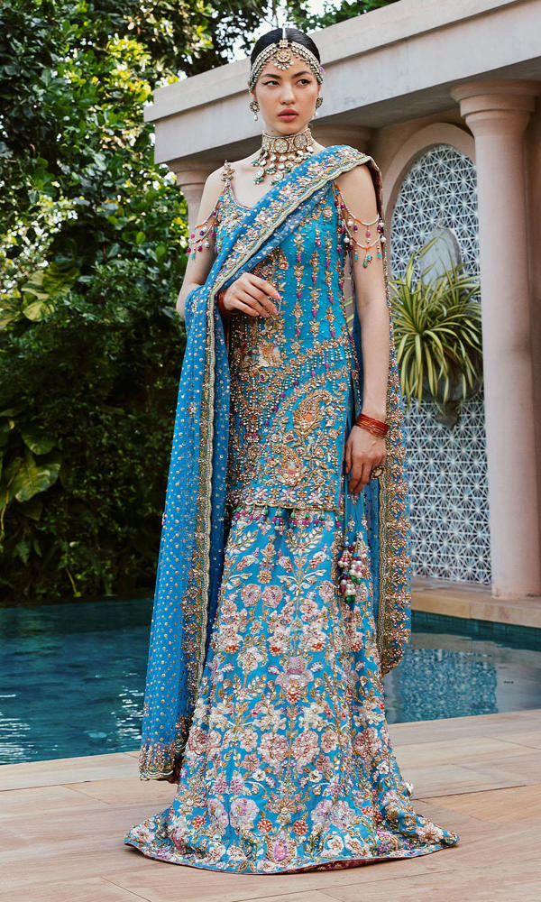 Vibrant Blue Embroidered Chiffon Sharara (3-Piece) - Image 2