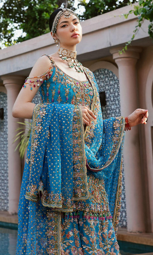 Vibrant Blue Embroidered Chiffon Sharara (3-Piece) - Image 3